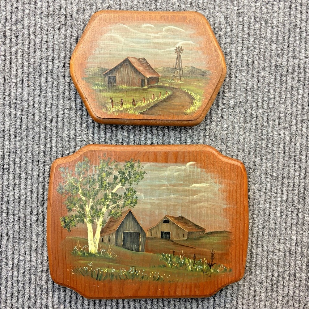 Set of 2 Vintage Woodcroftery Barn Landscape Wall Plaques Folk Art Beth Frutiger